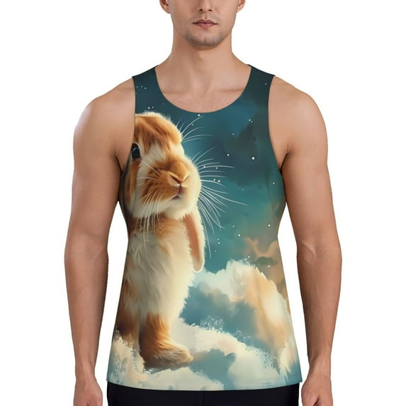 Gukieu Starry Sky Cloud Cute Rabbit Print Men's Quick Dry Fitness Vest, Round Neck Sleeveless Fitness Bodybuilding Top-XX-Large