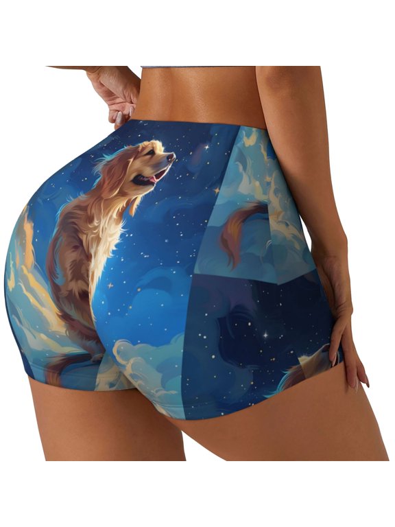 Starry Sky Cloud Dog Print Women's Sports Shorts, Elastic Waist High Stretch Running Yoga Gym Sweatpants-Small
