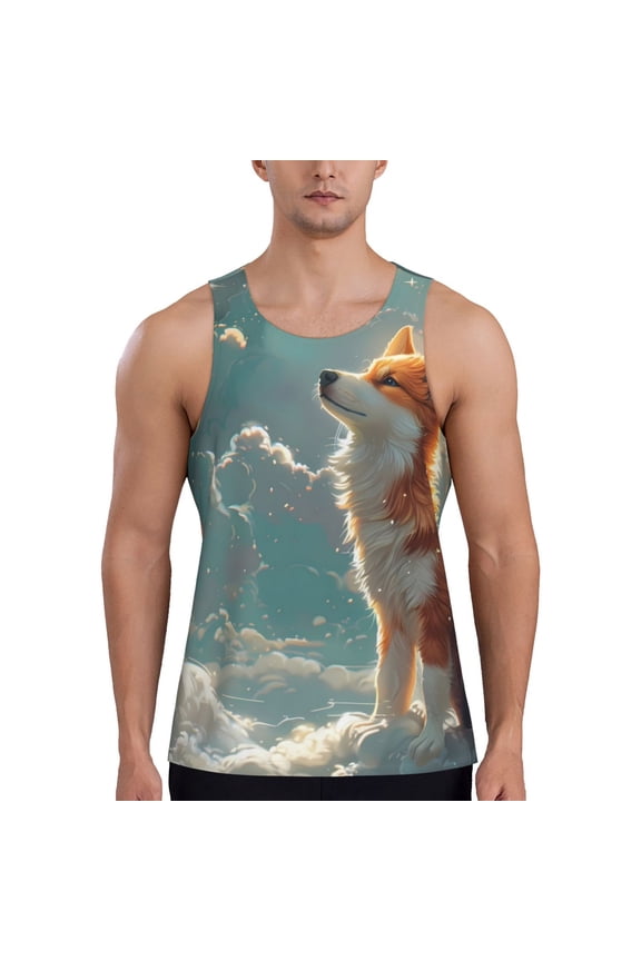 Starry Sky Cloud Fox Print Men's Quick Dry Fitness Vest, Round Neck Sleeveless Fitness Bodybuilding Top-Medium