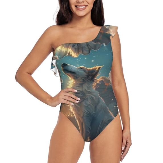 Gukieu Starry Sky Cloud Wolf Print One-shoulder Ruffled One-piece Swimsuit with Removable Chest Pads and Tummy-control Swimsuit for Women-Medium