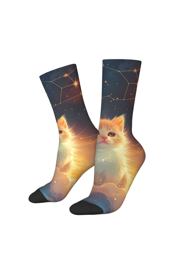 Starry Sky Constellation Cat Print Contrast Color Mid-calf Socks, Sweat-wicking Athletic Socks, Unisex Clothing Accessories