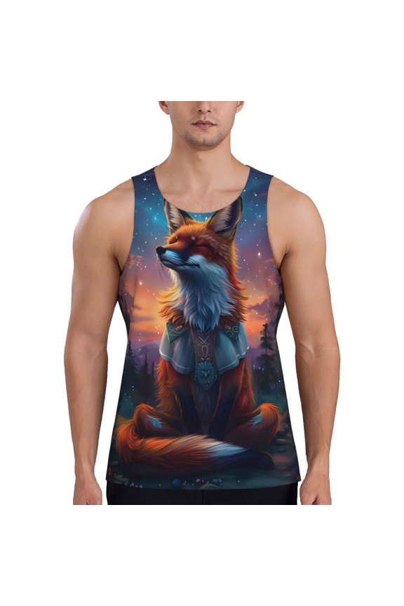 Starry Sky Meditating Fox Print Men's Quick Dry Fitness Vest, Round Neck Sleeveless Fitness Bodybuilding Top-Large