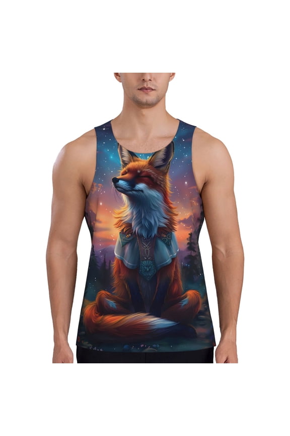 Starry Sky Meditating Fox Print Men's Quick Dry Fitness Vest, Round Neck Sleeveless Fitness Bodybuilding Top-Small