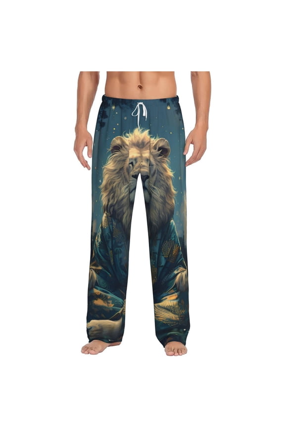 Starry Sky Meditating Lion Print Men's Home Trousers, Elastic Drawstring Home Pajamas Clothing Suitable for Adult Men-3X-Large