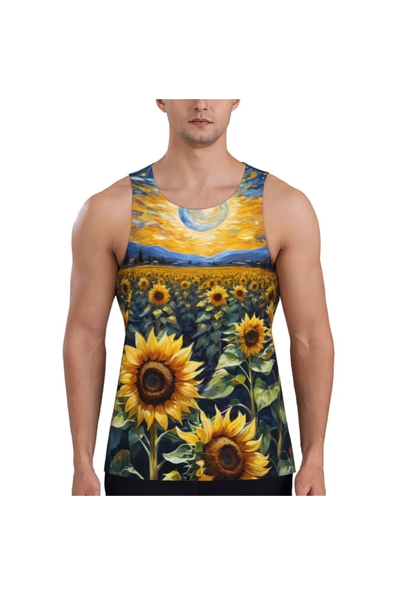 Starry Sky Moon Sunflower Print Men's Quick Dry Fitness Vest, Round Neck Sleeveless Fitness Bodybuilding Top-Medium
