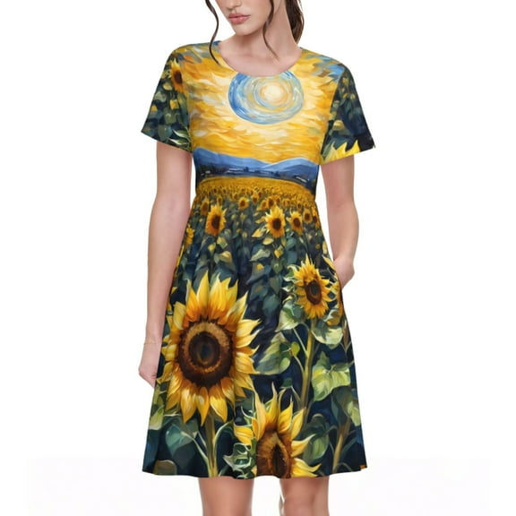 Gukieu Starry Sky Moon Sunflower Print Women's Short Sleeve Dress, Elastic Waistband A-line with Pockets Summer Dress, Suitable for Daily Leisure, Work, Vacation