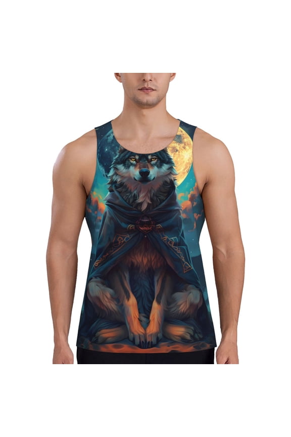Starry Sky Moon Wolf Leader Print Men's Quick Dry Fitness Vest, Round Neck Sleeveless Fitness Bodybuilding Top-4X-Large