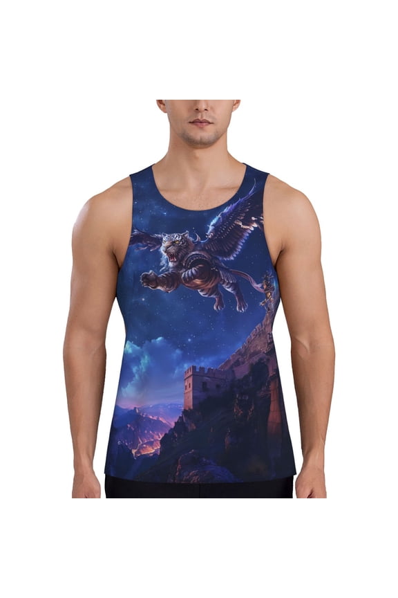 Starry Sky Wall Flying Tiger Print Men's Quick Dry Fitness Vest, Round Neck Sleeveless Fitness Bodybuilding Top-Small