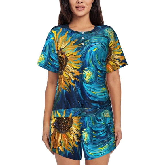 Gukieu Starry Sunflower Dreamscape Print Women's Short-sleeved Pajama Set, Round Neck Button Top Elastic Shorts 2-piece Set, Summer Home Leisure Clothing-X-Large
