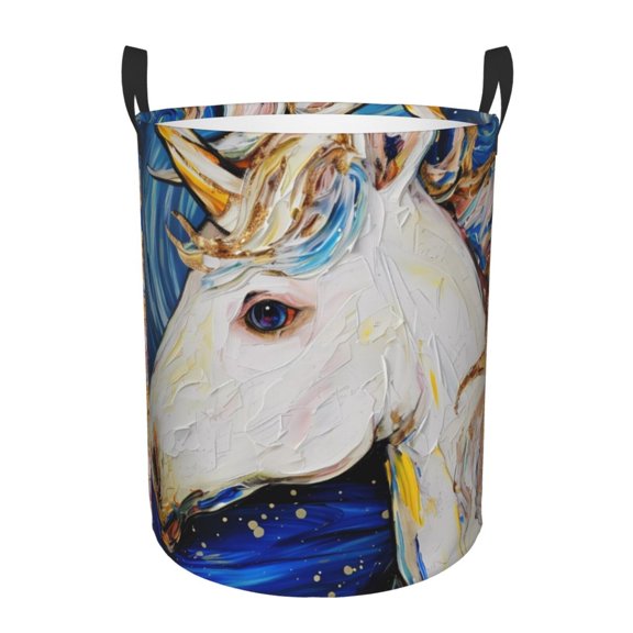 Gukieu Starry White Horse Print Round Dirty Clothes Bag, Waterproof Standing Home Bathroom Storage Basket Car Trunk Storage Bag-Small