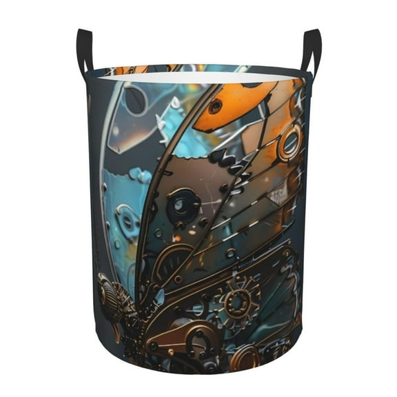 Gukieu Steampunk Mechanical Butterfly Print Round Dirty Clothes Bag, Waterproof Standing Home Bathroom Storage Basket Car Trunk Storage Bag-Small