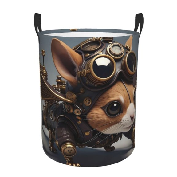 Gukieu Steampunk Squirrel Pilot Print Round Dirty Clothes Bag, Waterproof Standing Home Bathroom Storage Basket Car Trunk Storage Bag-Medium