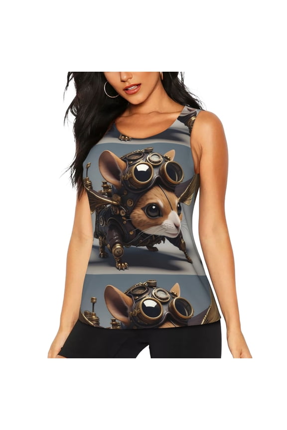 Steampunk Squirrel Pilot Print Women's Quick-drying Fitness Vest, Round Neck Sleeveless Fitness T-shirt, Suitable for Yoga, Sports-X-Large