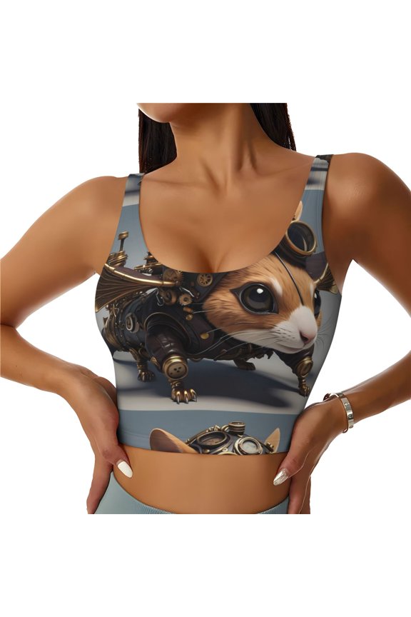 Steampunk Squirrel Pilot Print Women's Sports Vest, Low-neck U-shaped Removable Pad Sports Bra for Yoga, Exercise, Dance-Medium