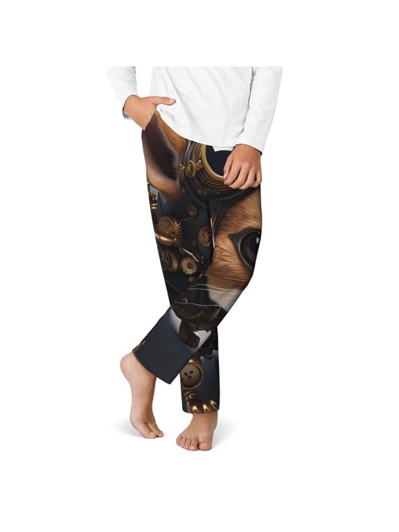 Steampunk Squirrel Pilot Print Youth Home Trousers, Elastic Waistband with Pockets for Home and Outing, Suitable for Children Aged 5-16-XS(5-6)