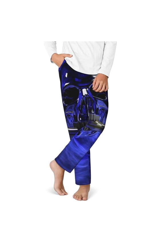 Steel Skull Print Youth Home Trousers, Elastic Waistband with Pockets for Home and Outing, Suitable for Children Aged 5-16-Medium