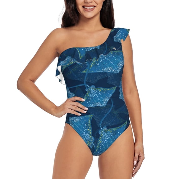 Gukieu Stingray Print One-shoulder Ruffled One-piece Swimsuit with Removable Chest Pads and Tummy-control Swimsuit for Women-Large