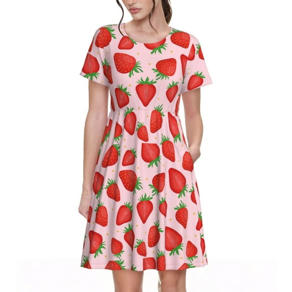 Gukieu Strawberries Print Women's Short Sleeve Dress, Elastic Waistband A-line with Pockets Summer Dress, Suitable for Daily Leisure, Work, Vacation