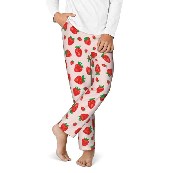 Gukieu Strawberries Print Youth Home Trousers, Elastic Waistband with Pockets for Home and Outing, Suitable for Children Aged 5-16-Large