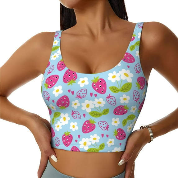 Gukieu Strawberry And Flowers Print Women's Sports Vest, Low-neck U-shaped Removable Pad Sports Bra for Yoga, Exercise, Dance-Large