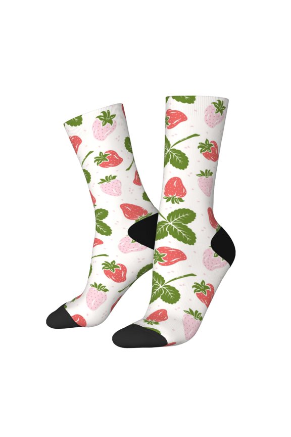 Strawberry Floral Print Contrast Color Mid-calf Socks, Sweat-wicking Athletic Socks, Unisex Clothing Accessories