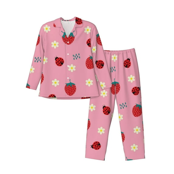 Gukieu Strawberry and Ladybugs Print Men's Long-sleeved Pajamas Set, Elastic Waist Pajamas Button-down Pajamas Two-piece Set, Suitable for Adult Male Home Wear-Medium