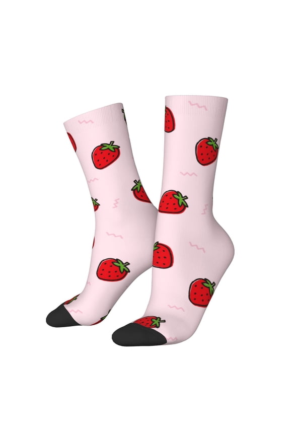 Strawberry Print Contrast Color Mid-calf Socks, Sweat-wicking Athletic Socks, Unisex Clothing Accessories