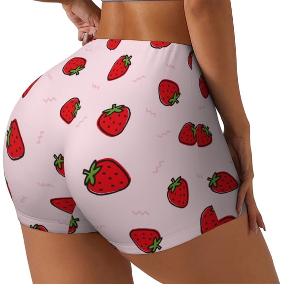 Gukieu Strawberry Print Women's Sports Shorts, Elastic Waist High Stretch Running Yoga Gym Sweatpants-Small