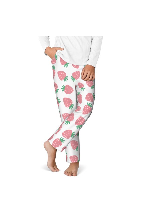 Strawberry Print Youth Home Trousers, Elastic Waistband with Pockets for Home and Outing, Suitable for Children Aged 5-16-Large