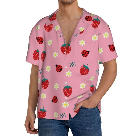 Gukieu Strawberry and Ladybugs Print Men's Short-sleeved Shirts, Button-down Pocket Shirts, T-shirts, Beach Vacation Travel Summer Clothing-Small