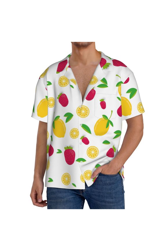 Strawberry and Lemon Print Men's Short-sleeved Shirts, Button-down Pocket Shirts, T-shirts, Beach Vacation Travel Summer Clothing-Large