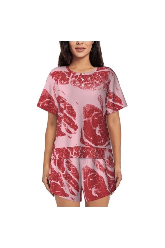 Striped Meat Print Women's Short-sleeved Pajama Set, Round Neck Button Top Elastic Shorts 2-piece Set, Summer Home Leisure Clothing-X-Large