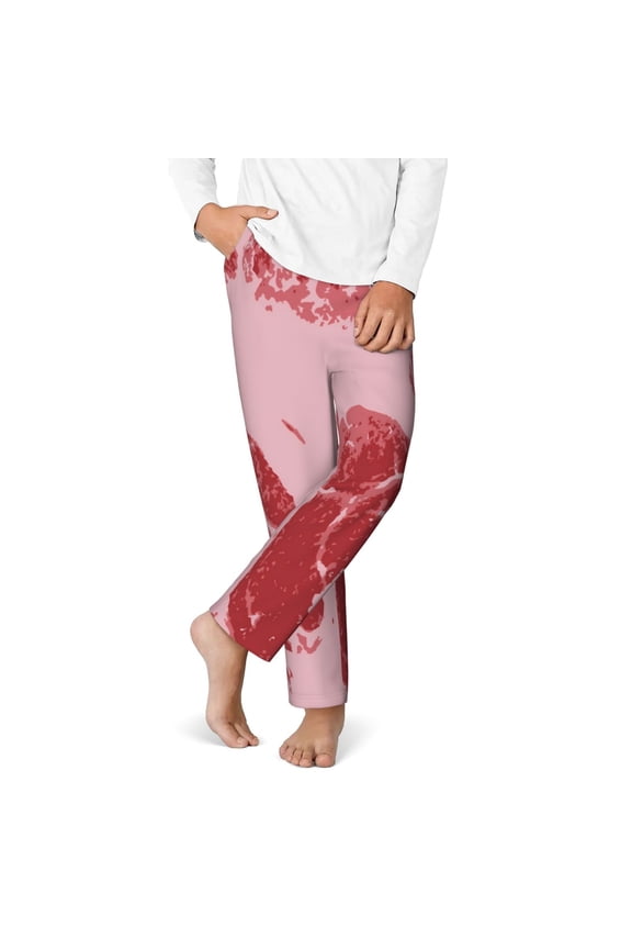 Striped Meat Print Youth Home Trousers, Elastic Waistband with Pockets for Home and Outing, Suitable for Children Aged 5-16-XS(5-6)