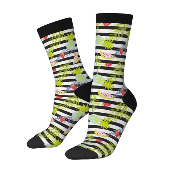 Gukieu Striped With Palm Tree Branches Print Contrast Color Mid-calf Socks, Sweat-wicking Athletic Socks, Unisex Clothing Accessories