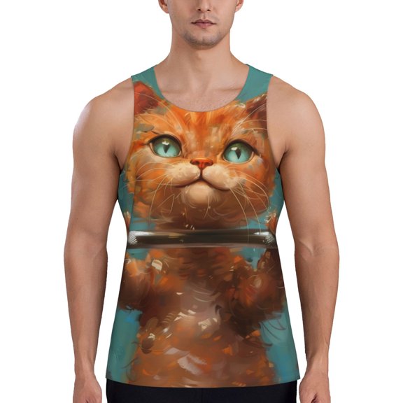 Gukieu Strong Kitten Lifting Weights Print Men's Quick Dry Fitness Vest, Round Neck Sleeveless Fitness Bodybuilding Top-4X-Large