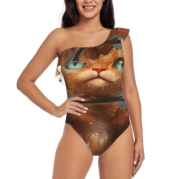 Gukieu Strong Kitten Lifting Weights Print One-shoulder Ruffled One-piece Swimsuit with Removable Chest Pads and Tummy-control Swimsuit for Women-Medium