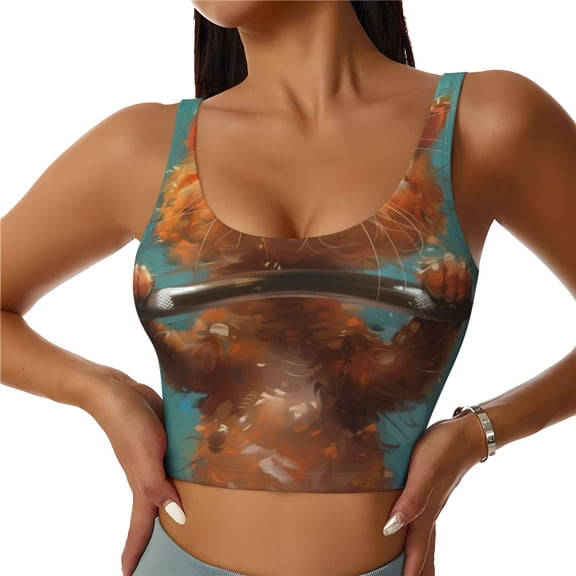 Gukieu Strong Kitten Lifting Weights Print Women's Sports Vest, Low-neck U-shaped Removable Pad Sports Bra for Yoga, Exercise, Dance-Medium
