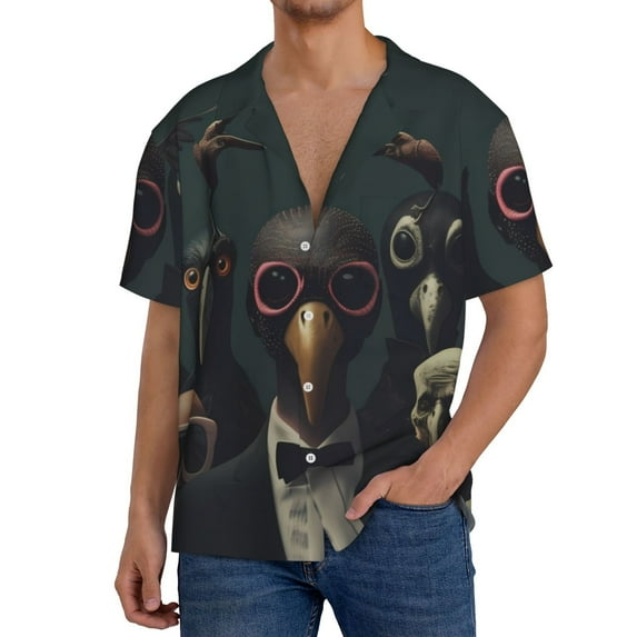 Gukieu Stylish Avian Gathering Print Men's Short-sleeved Shirts, Button-down Pocket Shirts, T-shirts, Beach Vacation Travel Summer Clothing-3X-Large