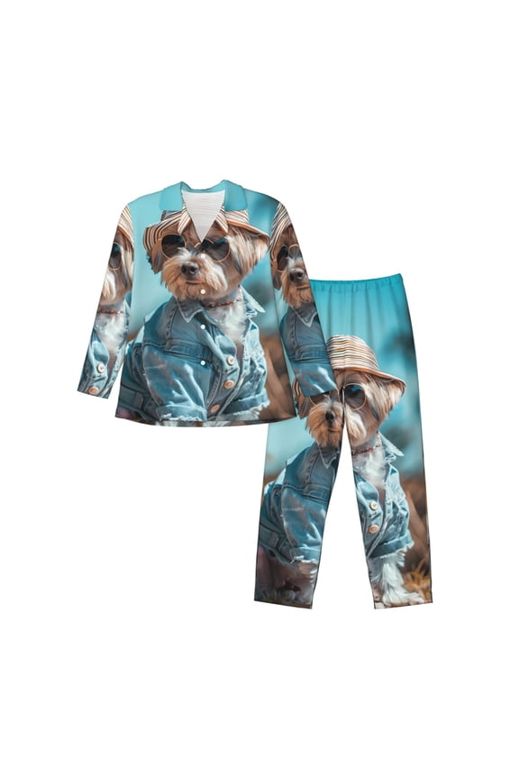 Stylish Dog in Denim Outfit Print Men's Long-sleeved Pajamas Set, Elastic Waist Pajamas Button-down Pajamas Two-piece Set, Suitable for Adult Male Home Wear-Large