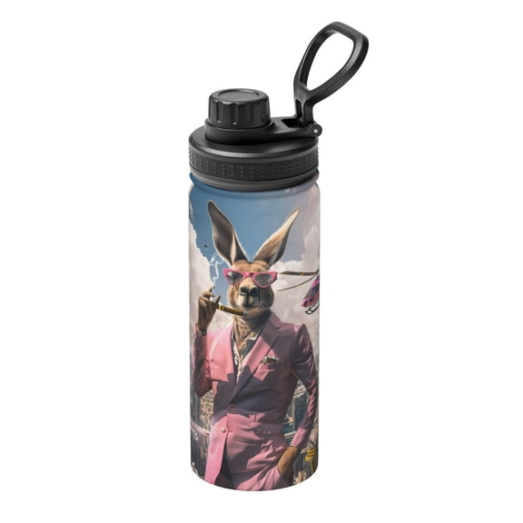 Gukieu Stylish Kangaroo In Suit Print 18OZ Portable Sports Water Bottle, Stainless Steel Insulated Water Cup for Men and Women, Suitable for Gym, Travel, Camping