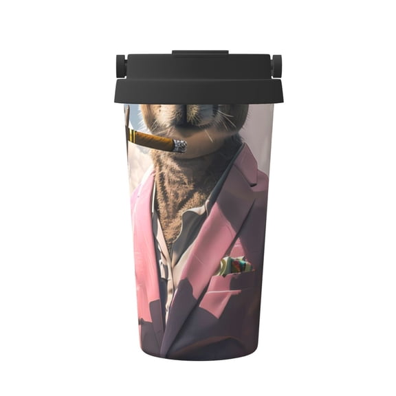 Gukieu Stylish Kangaroo In Suit Print Insulated Coffee Cup, Portable Stainless Steel Vacuum Cup with Lid, Unisex, Suitable for Office, Cafe, Car