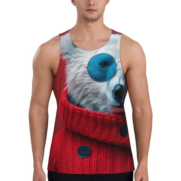 Gukieu Stylish Polar Bear Sunglasses Print Men's Quick Dry Fitness Vest, Round Neck Sleeveless Fitness Bodybuilding Top-4X-Large