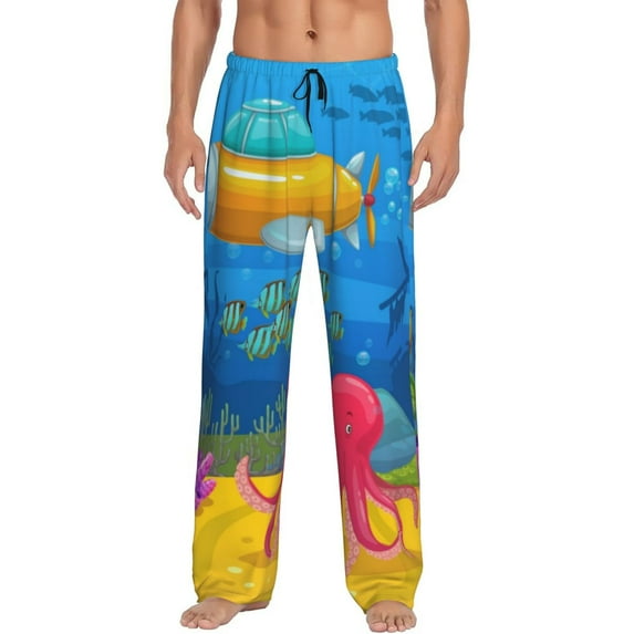 Gukieu Submarine And Landscape Print Men's Home Trousers, Elastic Drawstring Home Pajamas Clothing Suitable for Adult Men-Small