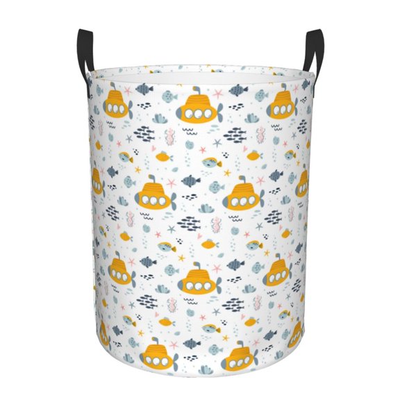 Gukieu Submarine Ship Print Round Dirty Clothes Bag, Waterproof Standing Home Bathroom Storage Basket Car Trunk Storage Bag-Medium
