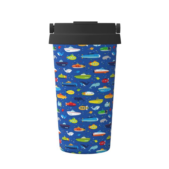 Gukieu Submarines And Whales Print Insulated Coffee Cup, Portable Stainless Steel Vacuum Cup with Lid, Unisex, Suitable for Office, Cafe, Car
