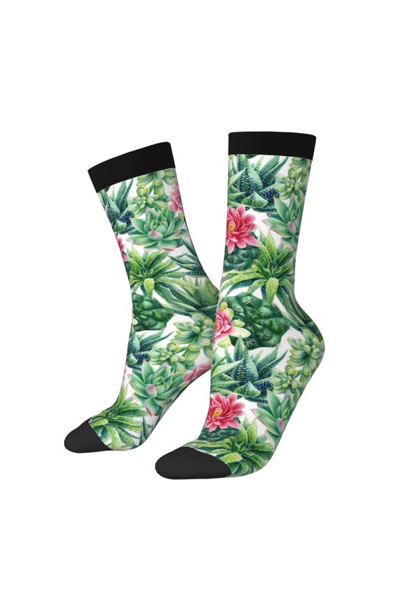 Succulents 1 Print Contrast Color Mid-calf Socks, Sweat-wicking Athletic Socks, Unisex Clothing Accessories
