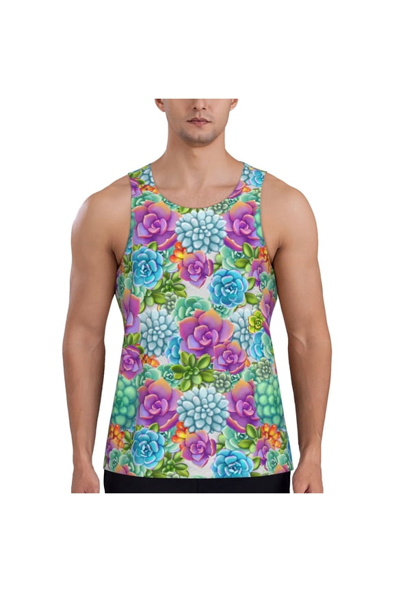 Succulents Print Men's Quick Dry Fitness Vest, Round Neck Sleeveless Fitness Bodybuilding Top-Large