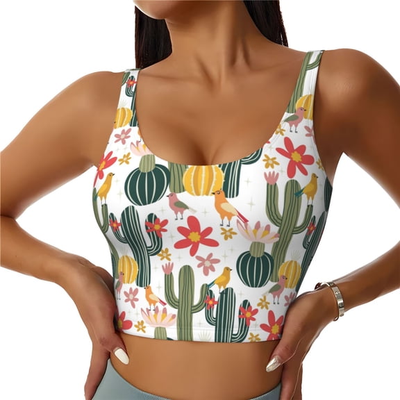 Gukieu Summer Cactus With Blooming Print Women's Sports Vest, Low-neck U-shaped Removable Pad Sports Bra for Yoga, Exercise, Dance-Medium