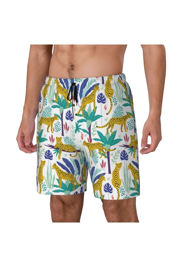Summer Leopard Print Men's Double Layer Sports Swim Trunks, Quick Dry Adjustable Waist Swim Shorts Swimwear-Medium