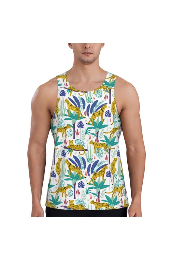 Summer Leopard Print Men's Quick Dry Fitness Vest, Round Neck Sleeveless Fitness Bodybuilding Top-Large